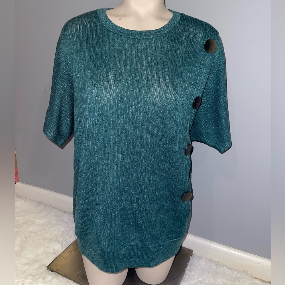 Lavish green short sleeve sweater top blouse shirt button detail size XL